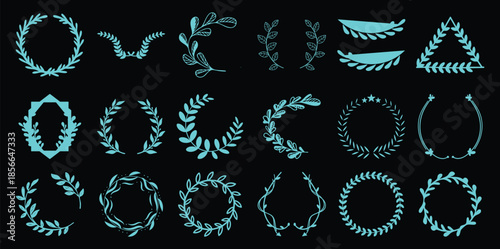 Collection of turquoise botanical laurel wreaths and leafy branches black