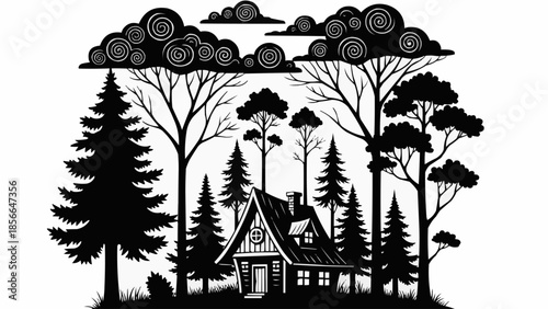 Rustic cabin nestled amongst tall pine trees and stylized clouds.