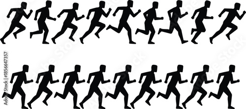 Silhouettes of running figures in motion sequence, athletic activity illustration, black and white fitness design, speed and movement concept