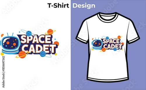 Space cadet typography t-shirt design with planet for retro sci-fi logo, universe explorer badge, galaxy adventure emblem and isolated vector graphic illustration