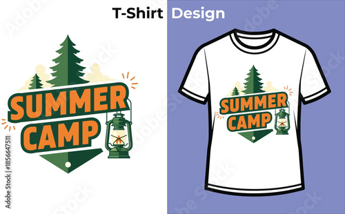 Summer camp typography t-shirt design with tent and lantern for outdoor logo, night adventure badge, camping travel emblem and isolated vector graphic illustration
