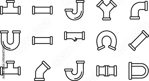 Pipe fitting icon set, plumbing connector vector, CAD technical illustration, water joint diagram, engineering sketch, construction schematic, toolkit