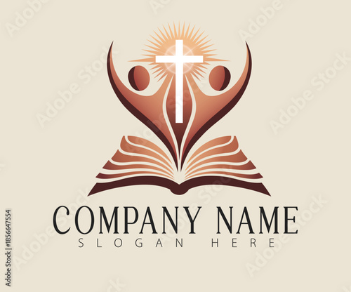 A visual mark illustrating human forms rising around a central cross.