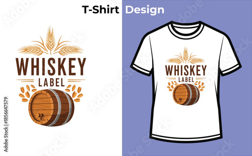 Whiskey label typography t-shirt design with barrel for alcohol logo, vintage spirit badge, distillery drink emblem and isolated vector graphic illustration