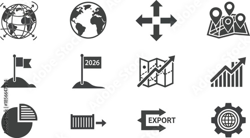Set of twelve black and white business strategy icons representing global reach targets logistics mapping growth and export processes for presentations