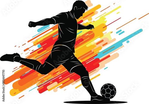 Silhouette of a dynamic soccer player kicking a ball with intense motion streaks against a faint stadium backdrop suggesting high energy competition