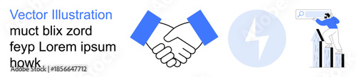 Collaboration, partnerships, progress, business growth, innovation, research. Handshake illustration with lightning and a growing chart. Collaboration and progress concepts