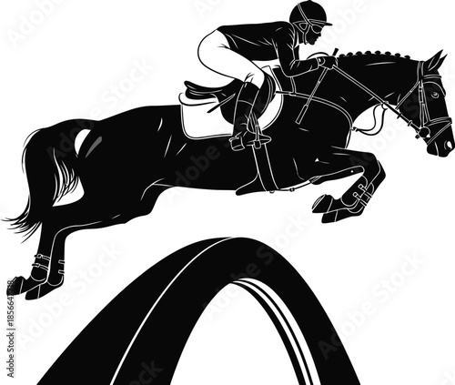 Striking black and white silhouette illustration captures a focused equestrian rider expertly guiding a powerful horse over a high obstacle during a demanding competition