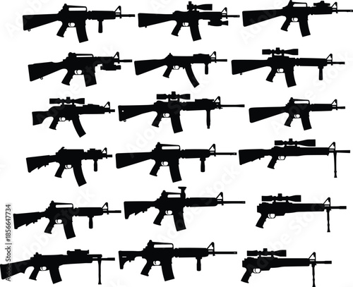 Rifle silhouette grid, black firearm profiles, M16 M4 variants, weapon design comparison, tactical gear, military illustration