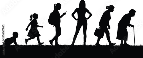 Silhouette of a female life cycle showing progression from infancy crawling through childhood adolescence adulthood to senior years assisted by a cane