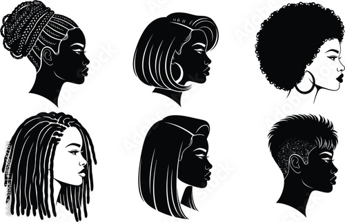 Collection of six distinct black women profile silhouettes showcasing diverse natural and styled African American hairstyles including braids dreadlocks 