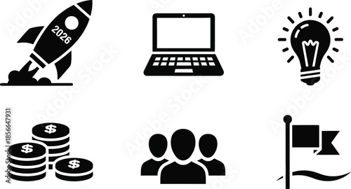 Set of six black and white icons representing business concepts including a 2026 startup rocket launch financial goals team organization and goal setting