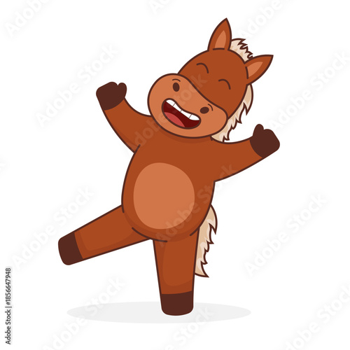 Happy cartoon horse mascot dancing with excitement. Cute vector animal character for children's educational materials, farm themed stickers, greeting cards, and funny animal logos