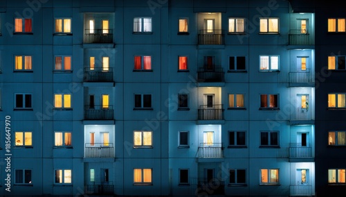 Vibrant photo of Close-up of modern apartment building balconies and lit windows at night with blue tones