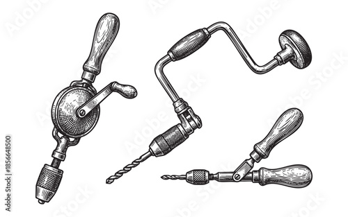 hand drill, woodworking tools set engraving vector illustrations