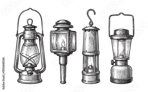 lantern oil lamp, kerosene lamp, miner lamp, camping light set engraving vector illustrations
