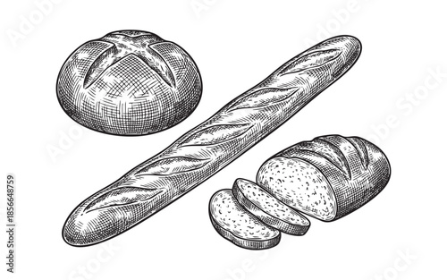 bread set baguette, round loaf, sliced bread, bakery food set engraving vector illustrations