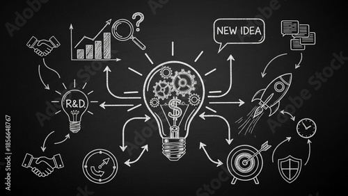 Innovative ideas and concepts represented by lightbulb surrounded by various symbols and icons