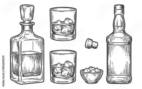 Whiskey Set Decanter, Glasses, and Bottle Illustration
