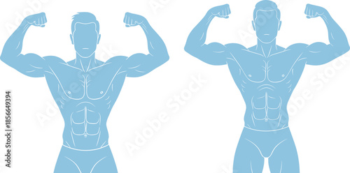 Blue bodybuilding silhouette icon set with flexing muscular male figures for fitness, anatomy, and strength-themed design use.