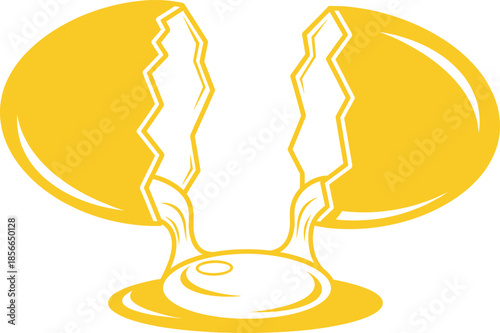 PrintCracked egg vector illustration in yellow and white with spilled yolk for food, kitchen, and stylized design use.