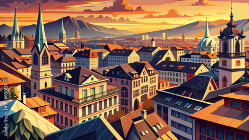 Very beautiful aerial view of downtown Zurich at sunset, with warm golden light reflecting across rooftops and streets, highlighting the elegant harmony of modern life and historic charm.