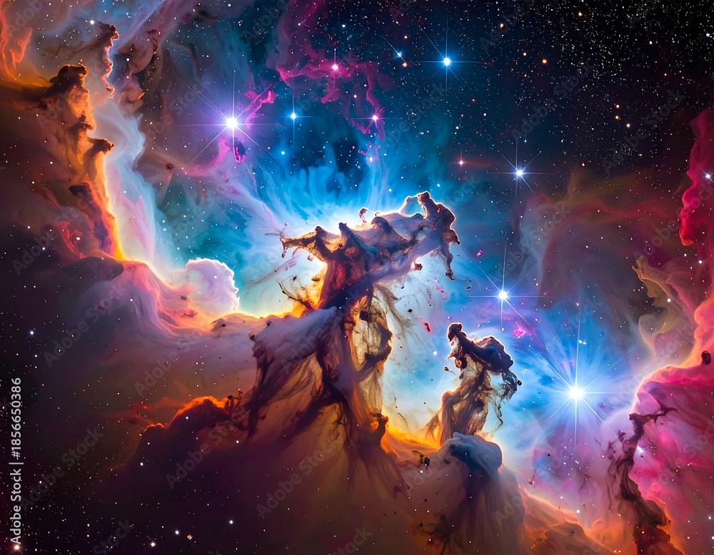 Fototapeta premium Vivid cosmic cloud formations. Colorful nebula and stars illuminate space