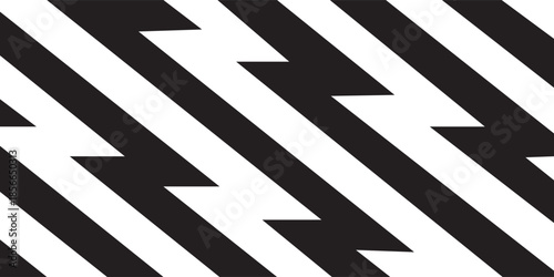 Black and white zigzag lines wallpaper. Thunderbolt background. Electric power, flash light, jagged stripes banner. Superhero, boom, speed or shock anime cartoon print. Vector graphic illustration.