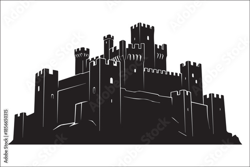 Descriptive: Black and White Medieval Castle Silhouette on Hill Vector Illustration
Conceptual: Bold Fortress Silhouette Icon for Logo, Emblem, and Fantasy Design