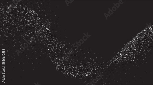 Abstract white particles forming a dynamic wavy stream on a dark background for technology and science use