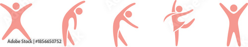 Pink exercise and movement silhouette icon set with dynamic human poses for fitness, stretching, and wellness-themed design use.