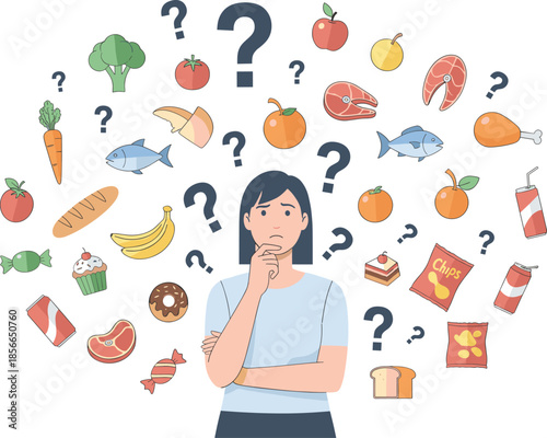 Illustration of person thinking about food choices surrounded by fruits, vegetables, proteins, snacks, and beverages