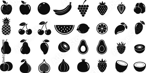 Black silhouette icons of assorted fruits including apple, banana, grape, watermelon, citrus, mango, pear, and fig
