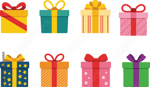 Colorful gift boxes set with ribbons and bows, cute festive presents vector illustration isolated on white background for celebration design