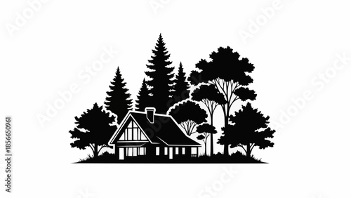 Silhouette of a house nestled among evergreen trees.