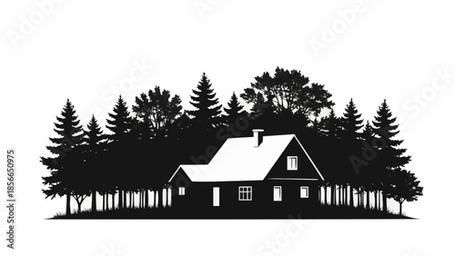 Silhouette of a house nestled among pine trees in a forest.