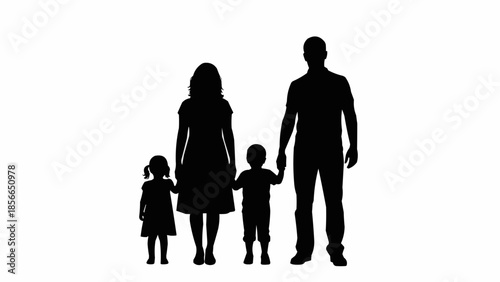 Silhouette of a family with two children standing together.
