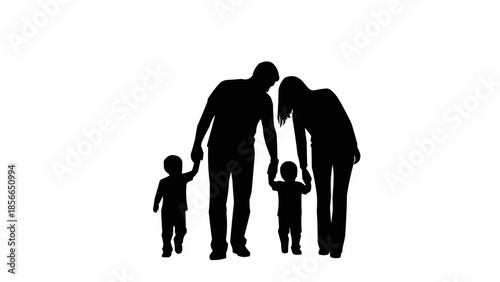 Silhouette of a family with two young children walking together holding hands.