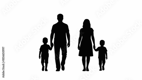Silhouette of a family walking together holding hands.