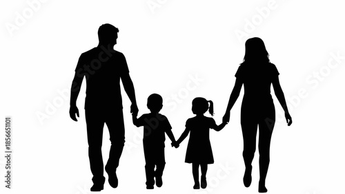 Silhouette of a happy family walking together holding hands.