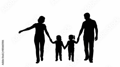Silhouette of a happy family walking together holding hands.