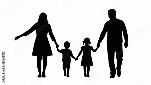 Silhouette of a happy family walking together holding hands.