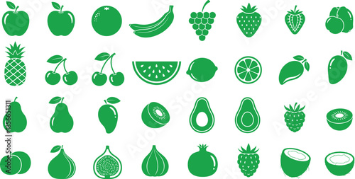 Green icons of assorted fruits including apple, banana, grape, watermelon, citrus, mango, pear, and fig on white background