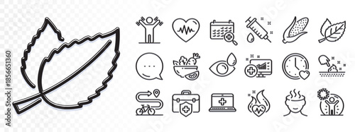 Mint leaves, Corn and Leaf line icons for web app. Glare of light effect. Message icon. Pack of Dumbbells workout, Dating, Cardio training pictogram icons. Vector
