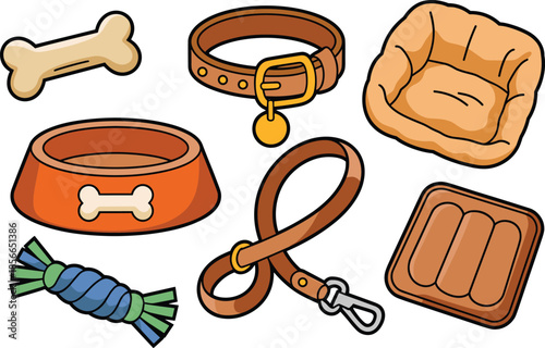 Cute cartoon dog accessories set with bone collar leash bed bowl toys vector illustration isolated on white background design collection