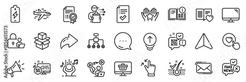 Lock, Web shop and 5g internet line icons pack. Share, Message, Paper plane icons. Like button, Messenger mail, Video conference web icon. Battery charging, Computer, Ranking pictogram. Vector