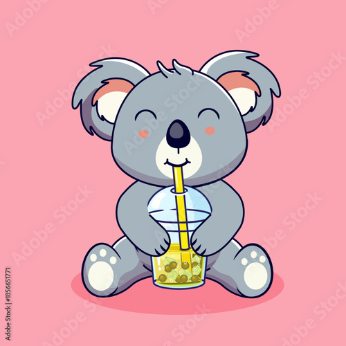 Cute Koala Enjoying a Refreshing Bubble Tea Vector Illustration Cartoon Design Kawaii