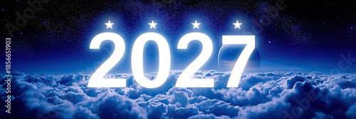 Luminous digits hover above billowing atmosphere beneath sparkling constellations and distant planet.