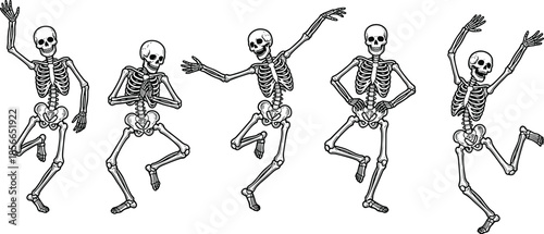 Dancing skeletons in expressive poses, black and white anatomical illustration, spooky Halloween art, bone movement design, artistic skeleton sketch