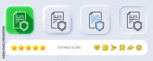 Data security line icon. Neumorphic, Flat shadow, 3d buttons. Privacy document sign. Defense shield symbol. Line data security icon. Social media icons. Vector